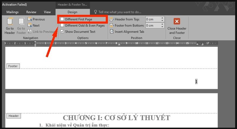 Chọn ô Different First Page trên thanh Design