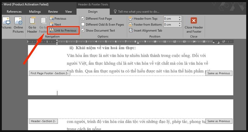 Trong bảng Design > Mục Navigation > Bỏ chọn Link to Previous