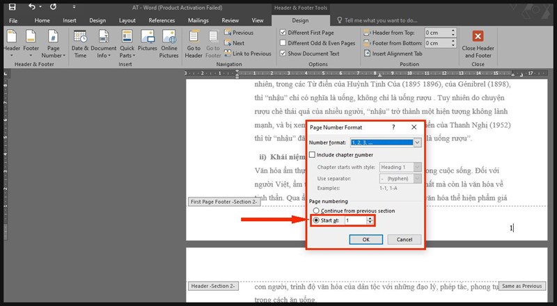Trong bảng Page Number Format > Chọn Start at > Chọn số muốn bắt đầu