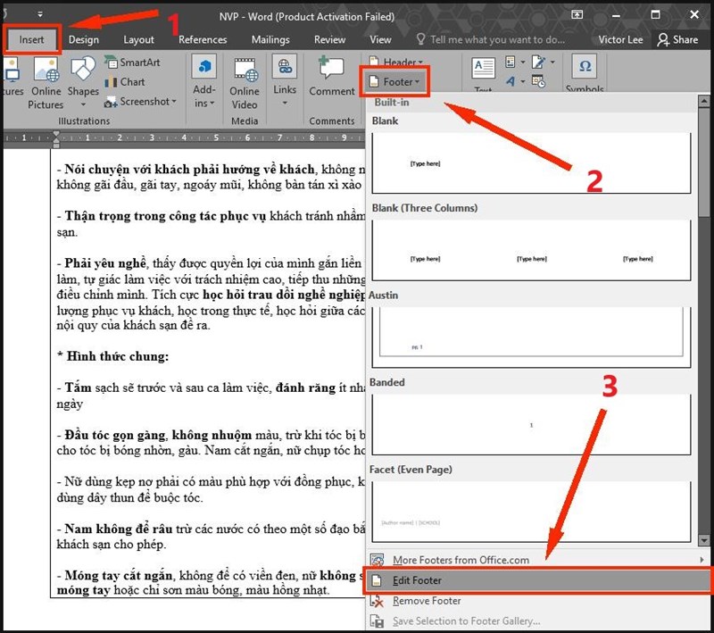 Chọn thẻ Insert (1) > chọn mục Footer (2) > chọn Edit Footer (3)