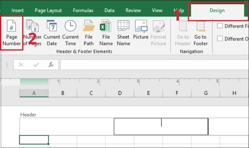 Chọn Page Number trong mục Design