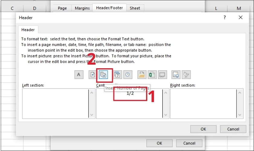 Hoàn tất chèn số trang 1/2 trong Excel