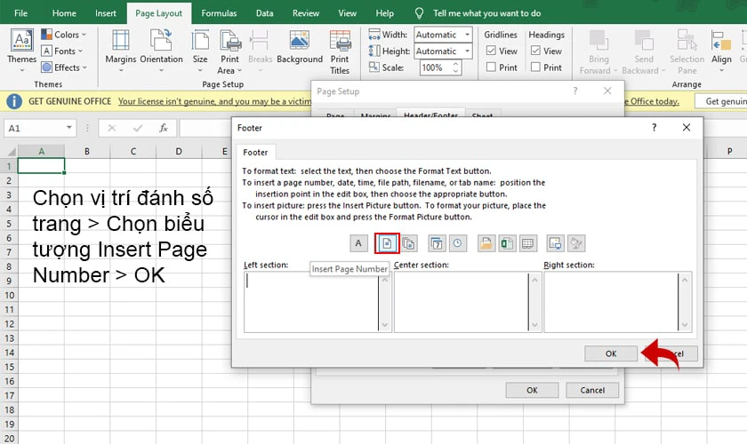 Đánh số trang trong Excel 2016