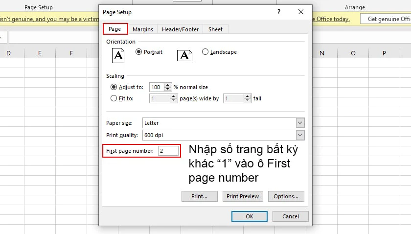 Đánh số trang trong Excel không bắt đầu từ 1