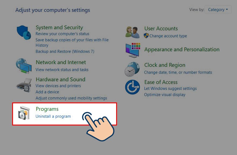 Trong cửa sổ Control Panel, bạn truy cập vào mục Programs.