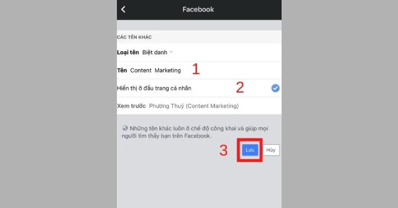 Chọn Biệt danh, nhập tên Facebook, chọn Hiển thị ở đầu trang và nhấn Lưu