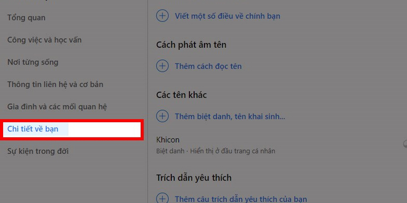 Chọn Chi tiết về bạn tại giao diện Giới thiệu