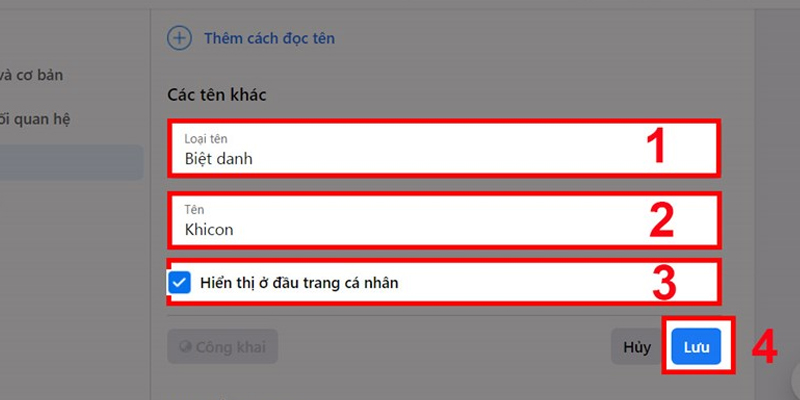 Chọn Biệt danh, nhập tên, chọn Hiển thị ở đầu trang cá nhân và nhấn Lưu