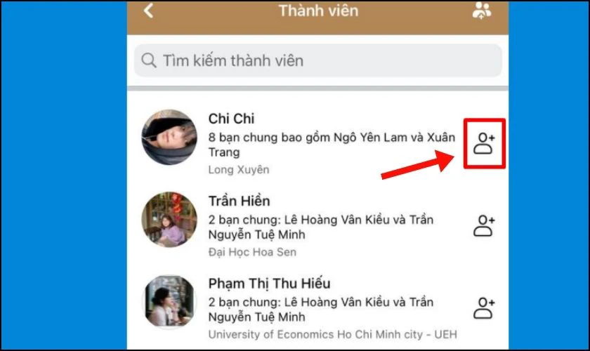 Bấm vào biểu tượng thêm bạn bè