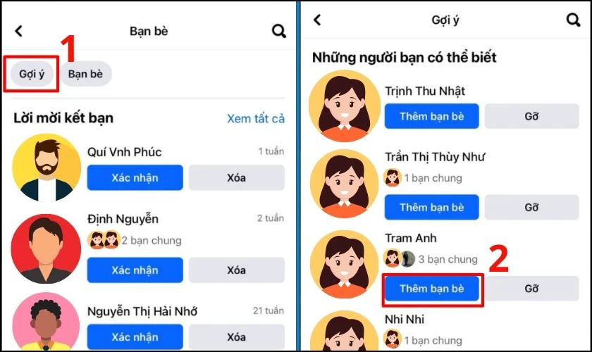 Chọn mục Gợi ý và chọn biểu tượng kết bạn