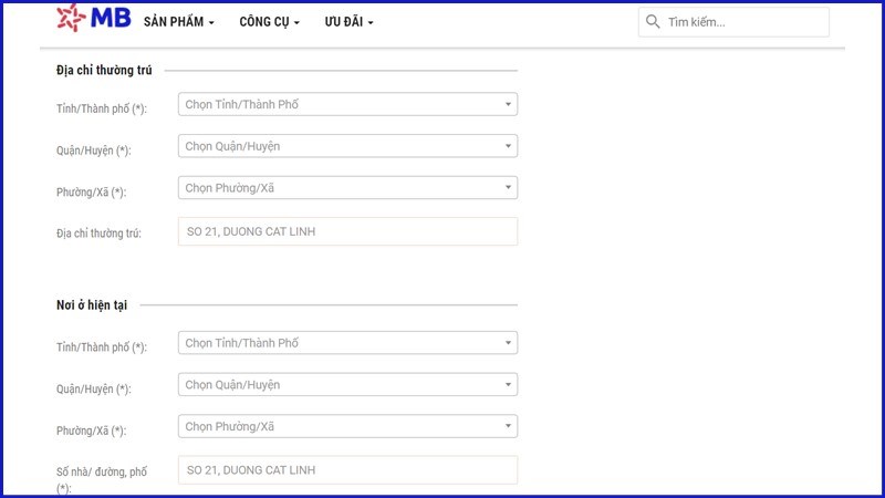 Điền thông tin địa chỉ, nơi ở