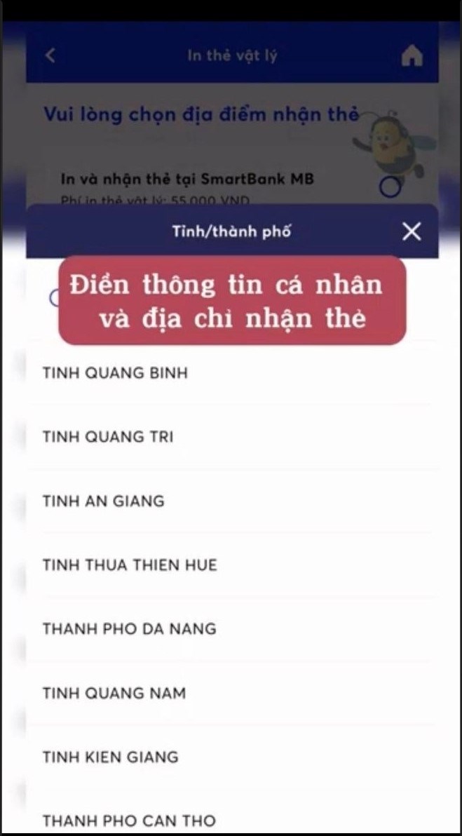 Chọn địa điểm nhận thẻ