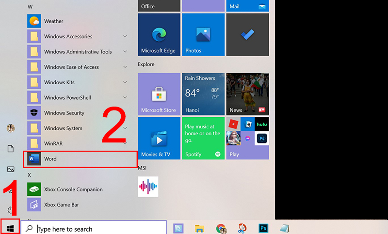 Mở Word bằng Start Menu