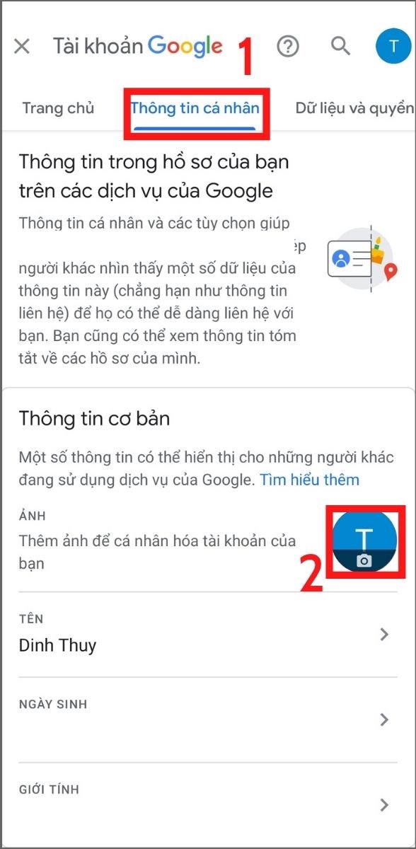 Chọn mục Thông tin cá nhân, chọn tiếp biểu tượng máy ảnh trong hồ sơ của bạn.