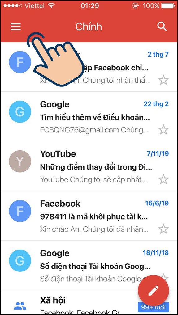 vào Gmail trên điện thoại, tại màn hình chính bạn hãy chọn biểu tượng 3 gạch ngang