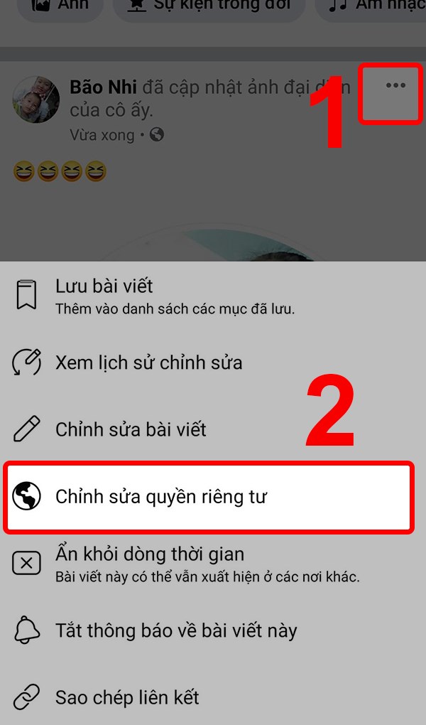 Đợi ảnh tải lên hoàn tất và hiện lên dòng thời gian và nhấn vào dấu 3 chấm bên góc phải màn hình.