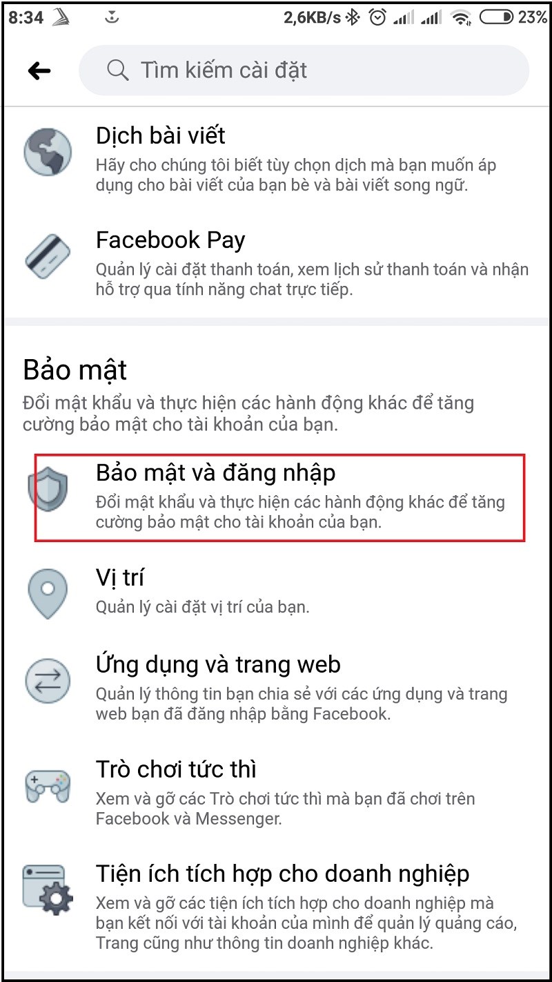 Chọn Bảo mật và đăng nhập