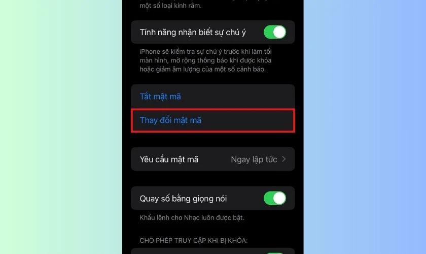 Chọn Thay đổi mật mã để đổi mật khẩu iPhone