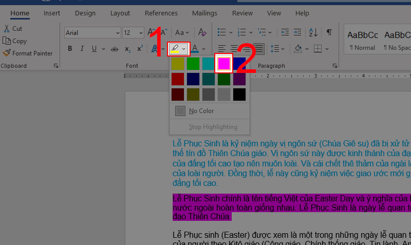 Chọn biểu tượng Text Highlight Color và chọn màu highlight