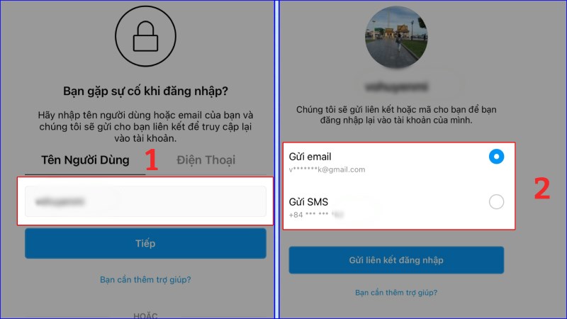 Nhập tên người dùng và nhận mã/link đăng nhập Instagram từ email hoặc SMS.