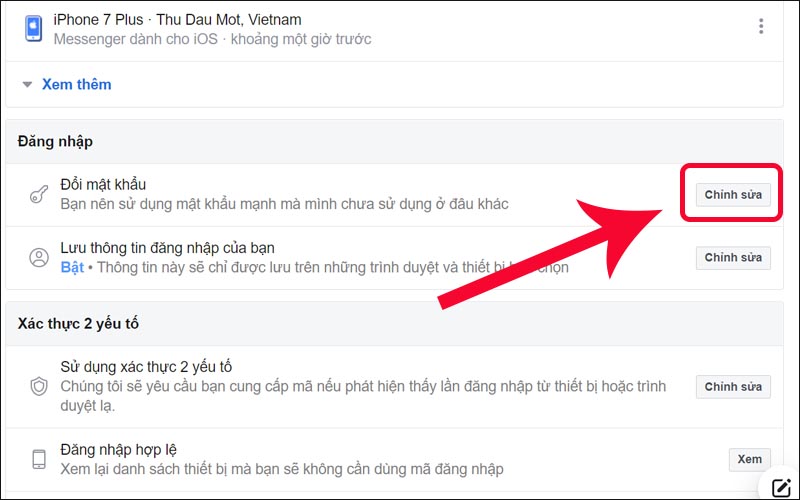 Nhấp vào ô Chỉnh sửa kế bên mục đổi mật khẩu