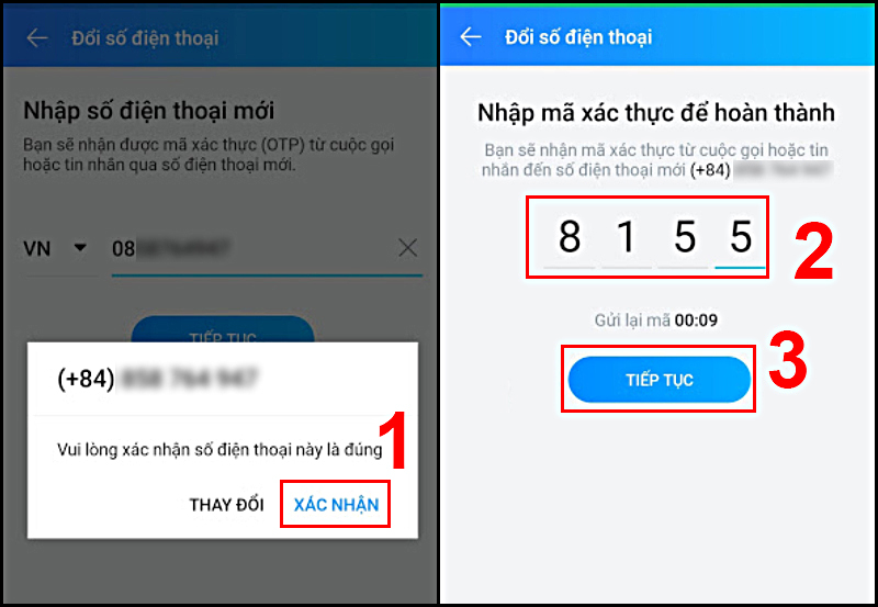 Nhập 4 số của mã xác thực gửi về số điện thoại mới.