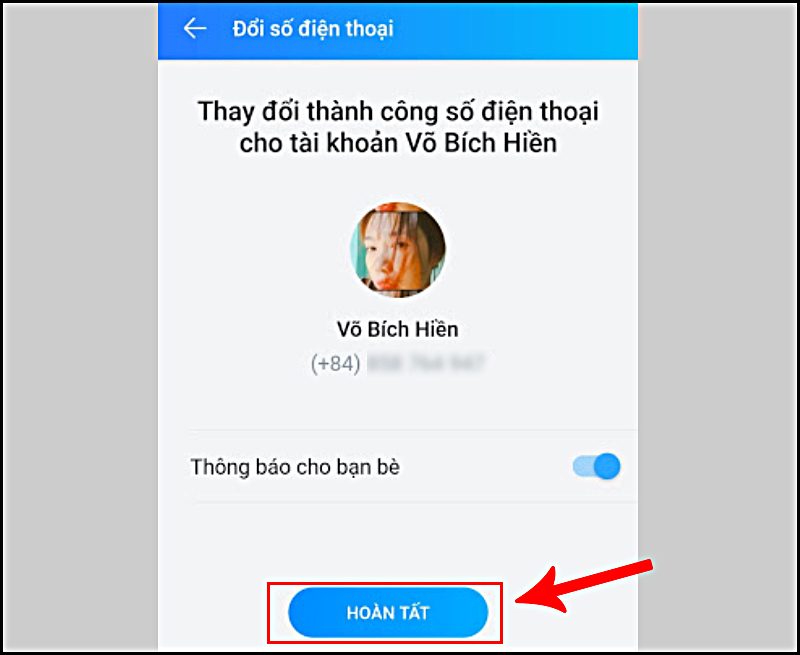 Hoàn thành đổi số điện thoại trên Zalo.