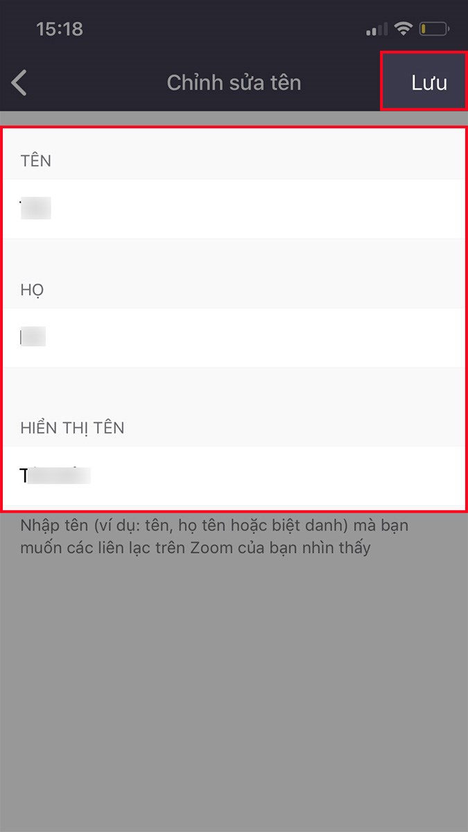 Nhập tên mới mà bạn muốn đổi tại mục TÊN, HỌ và HIỂN THỊ TÊN > Chọn Lưu