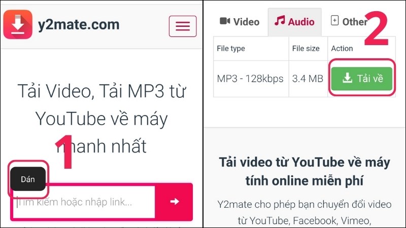 Dán liên kết vào thành tìm kiếm > Chọn Audio > Nhấn Tải về