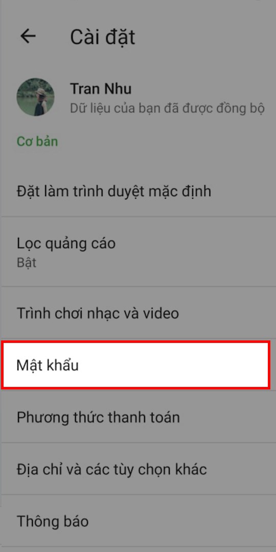 Chọn Mật khẩu.