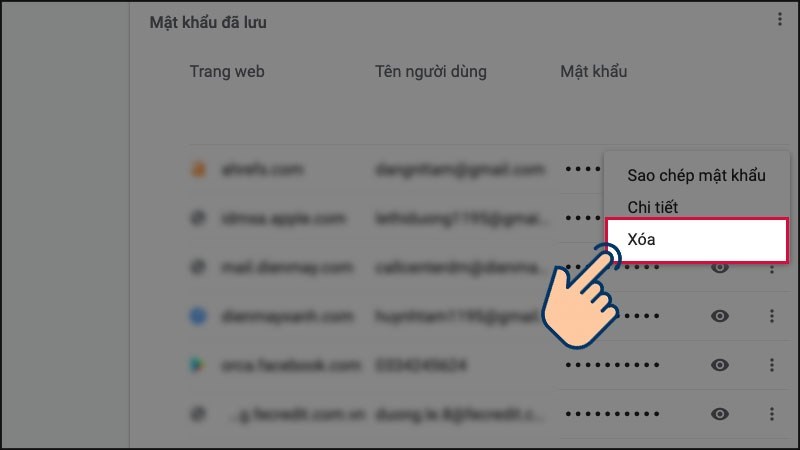 Để xóa mật khẩu đã lưu, bạn hãy nhấn vào biểu tượng 3 chấm > Chọn Xóa.