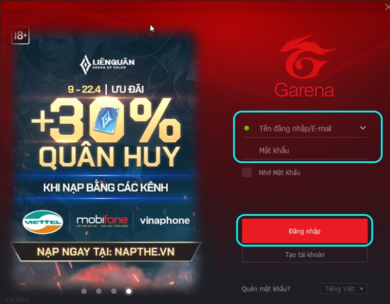 Mở Garena và đăng nhập tài khoản