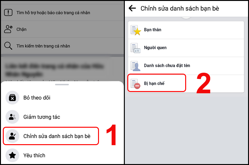 Thao tác thêm bạn bè vào danh sách hạn chế trên Facebook