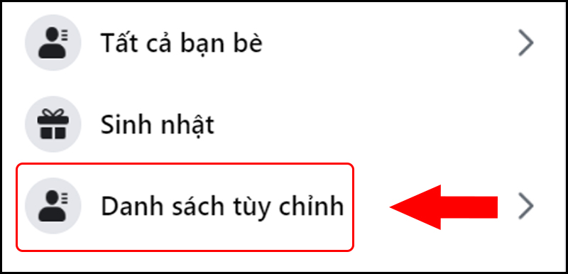 Tìm và chọn vào Danh sách tùy chỉnh