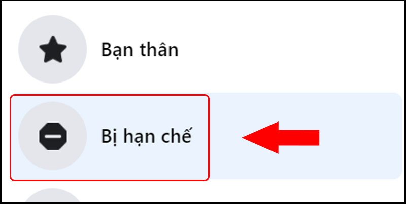 Tìm đến danh sách Bị hạn chế