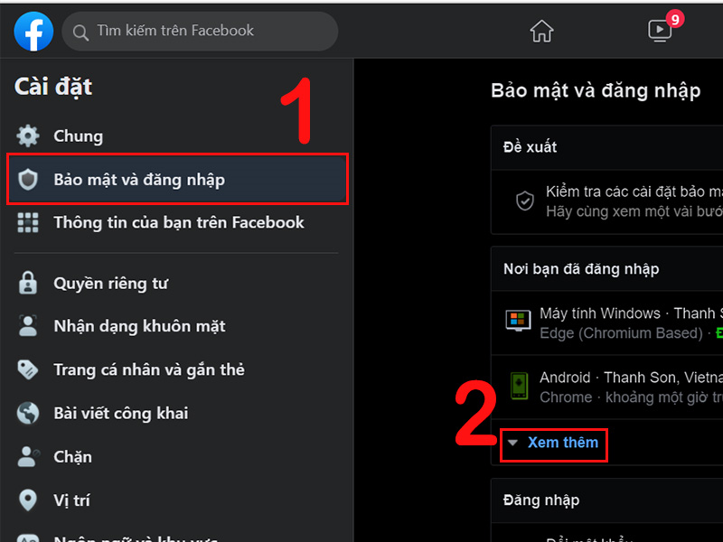 Bạn nhấn vào mục “Bảo mật và đăng nhập” rồi chọn “Xem thêm”.