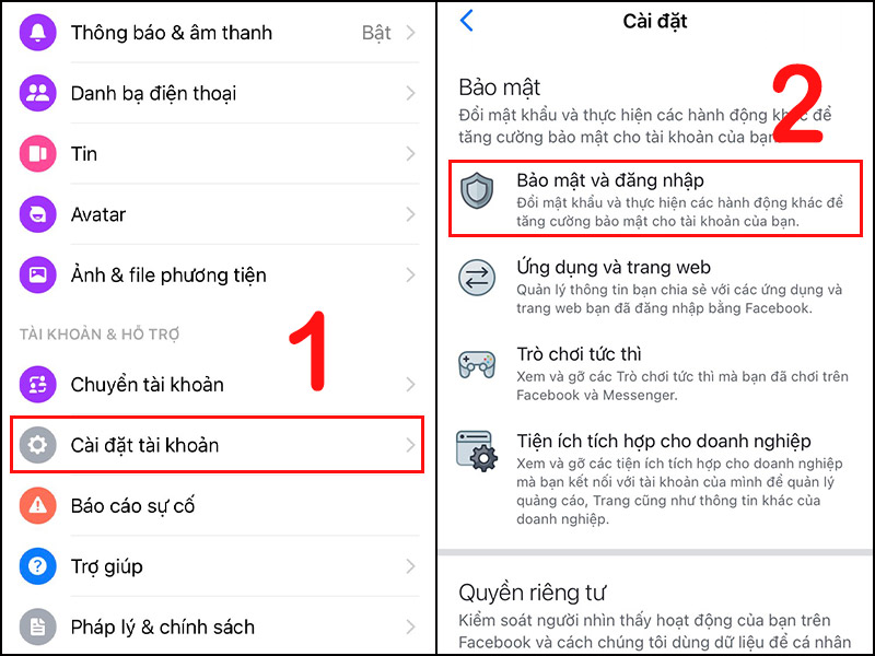 Bạn chọn “Cài đặt tài khoản” rồi nhấn vào “Bảo mật” sau đó chọn “Bảo mật và đăng nhập”.