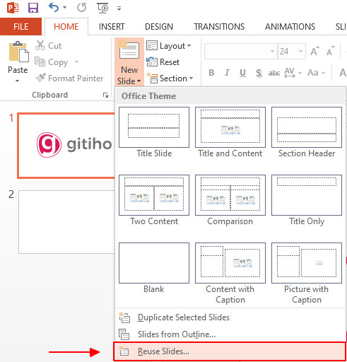 Sử dụng chức năng Reuse Slides để gộp nhiều file ppt thành 1 file bước 4