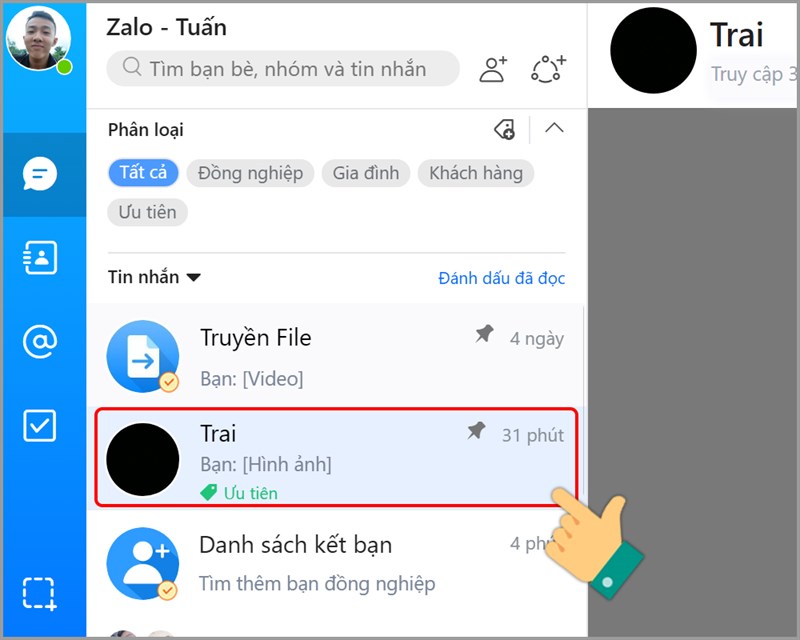 Mở trò chuyện cần gửi file, thư mục