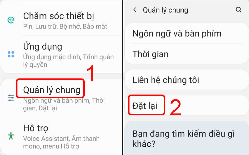 Chọn Đặt lại trong mục quản lý chung