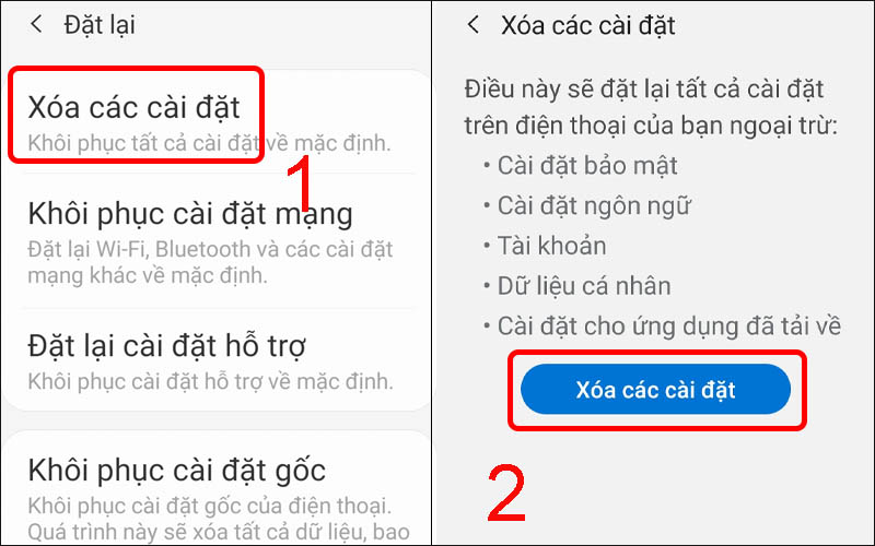 Nhấn vào Xóa các Cài đặt