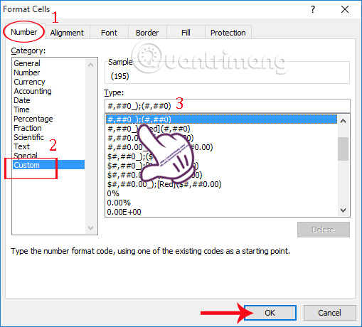 Đóng dấu ngoặc số âm trong Excel