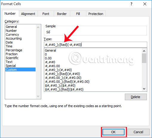 Đóng dấu ngoặc số âm trong Excel