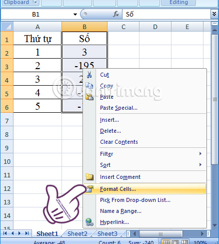 Đóng dấu ngoặc số âm trong Excel