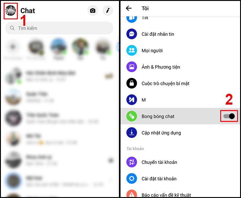 Bật bong bóng chat trong Messenger