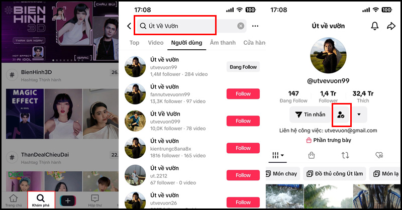 Chọn vào tài khoản TikTok mà bạn muốn hủy Follow