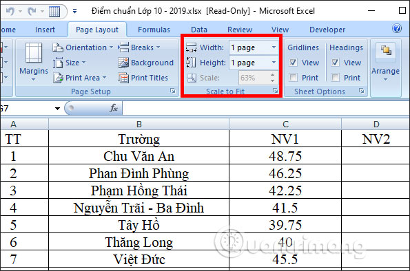 In 2 trang Excel thành 1 mặt