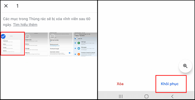 Nhấn khôi phục để lấy lại ảnh đã xóa vĩnh viễn trên Android