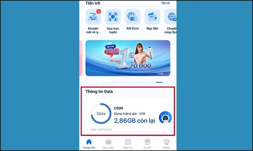 Thông tin được hiển thị ở mục Thông tin Data