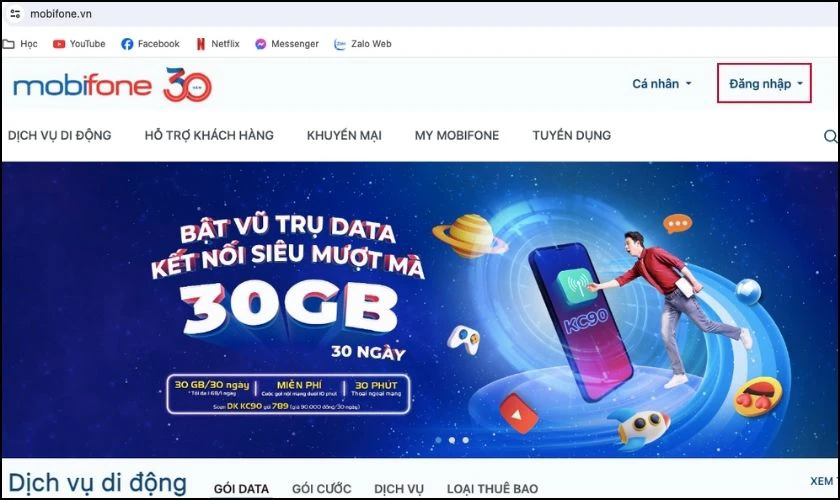 Vào website MobiFone và nhấn mục Đăng nhập